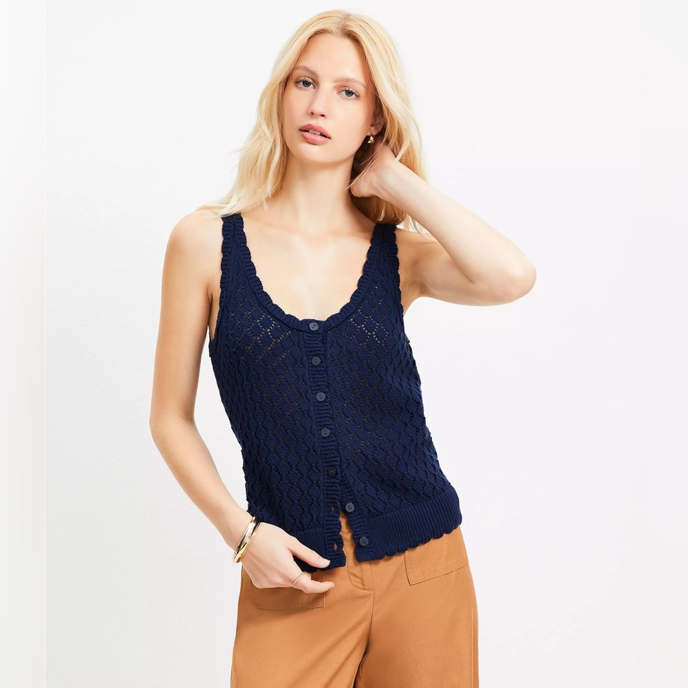 LOFT Crochet Button Sweater Tank Top, Navy, XS, NWOT
